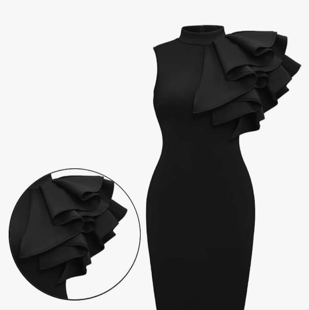 Cocktail Dress women's 2XL Black One Shoulder Ruffle Bodycon Mini Plus Size New